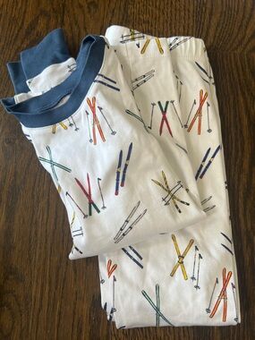 Kids White Ski Print Pajama Set with Navy Trim